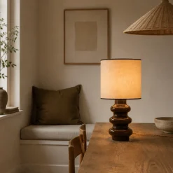 Lampe en céramique chocolat et abat-jour en chanvre liséré Luzia - The Cool Republic