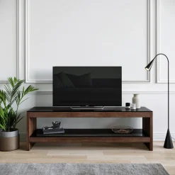 Meuble tv en bois marron et vitre en verre fumé 140 x40x45cm TV300 - Home Design