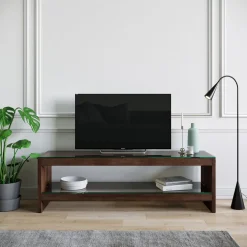 Meuble tv en bois marron et vitre en verre 140 x40x45cm TV300 - Home Design