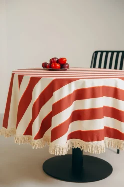 Nappe ronde avec franges en popeline de coton bio à rayures orange et bleu 160 cm - Nobodinoz