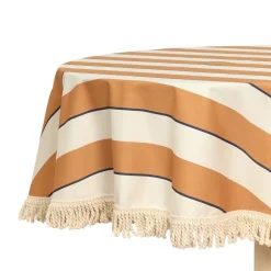 Nappe ronde avec franges en popeline de coton bio à rayures orange et bleu 160 cm - Nobodinoz