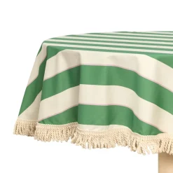 Nappe ronde avec franges en popeline de coton bio à rayures vert 160 cm - Nobodinoz