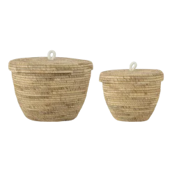 2 Paniers avec couvercle ronds tréssés en jacinthe d'eau marron 30 / 36 cm Noi - Bloomingville