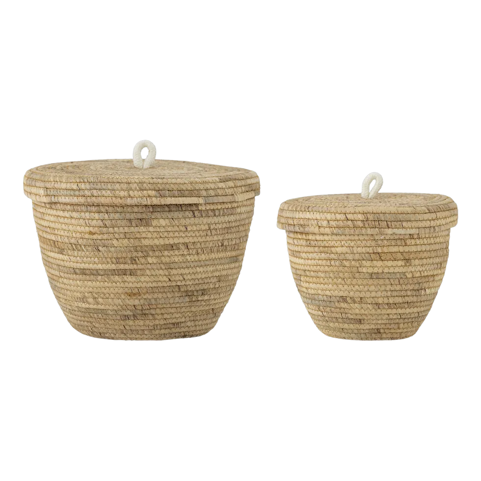 2 Paniers avec couvercle ronds tréssés en jacinthe d'eau marron 30 / 36 cm Noi - Bloomingville