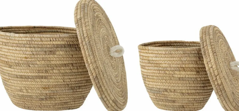 2 Paniers avec couvercle ronds tréssés en jacinthe d'eau marron 30 / 36 cm Noi - Bloomingville