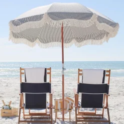 Parasol rond en tissu à rayures bleu marine Laurens Stripe The Premium - Business & Pleasure