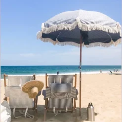 Parasol rond en tissu à rayures bleu marine Laurens Stripe The Premium - Business & Pleasure