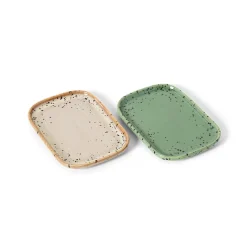 2 plateaux en céramique vert et beige 14,5x10,5x1,3cm 70's ceramics - HKliving