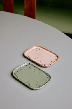 2 plateaux en céramique vert et beige 14,5x10,5x1,3cm 70's ceramics - HKliving