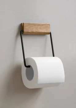 Porte-rouleau de papier toilette en chêne et acier noir 14x12x1,5cm - Moebe