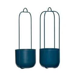 2 Pots suspendus ronds en fer bleu pétrole 16x44 cm Lotus - Hübsch