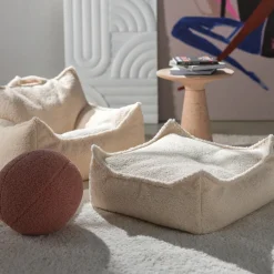 Pouf carré sherpa bouclé crème 60x60cm Beanbgas - Wigiwama