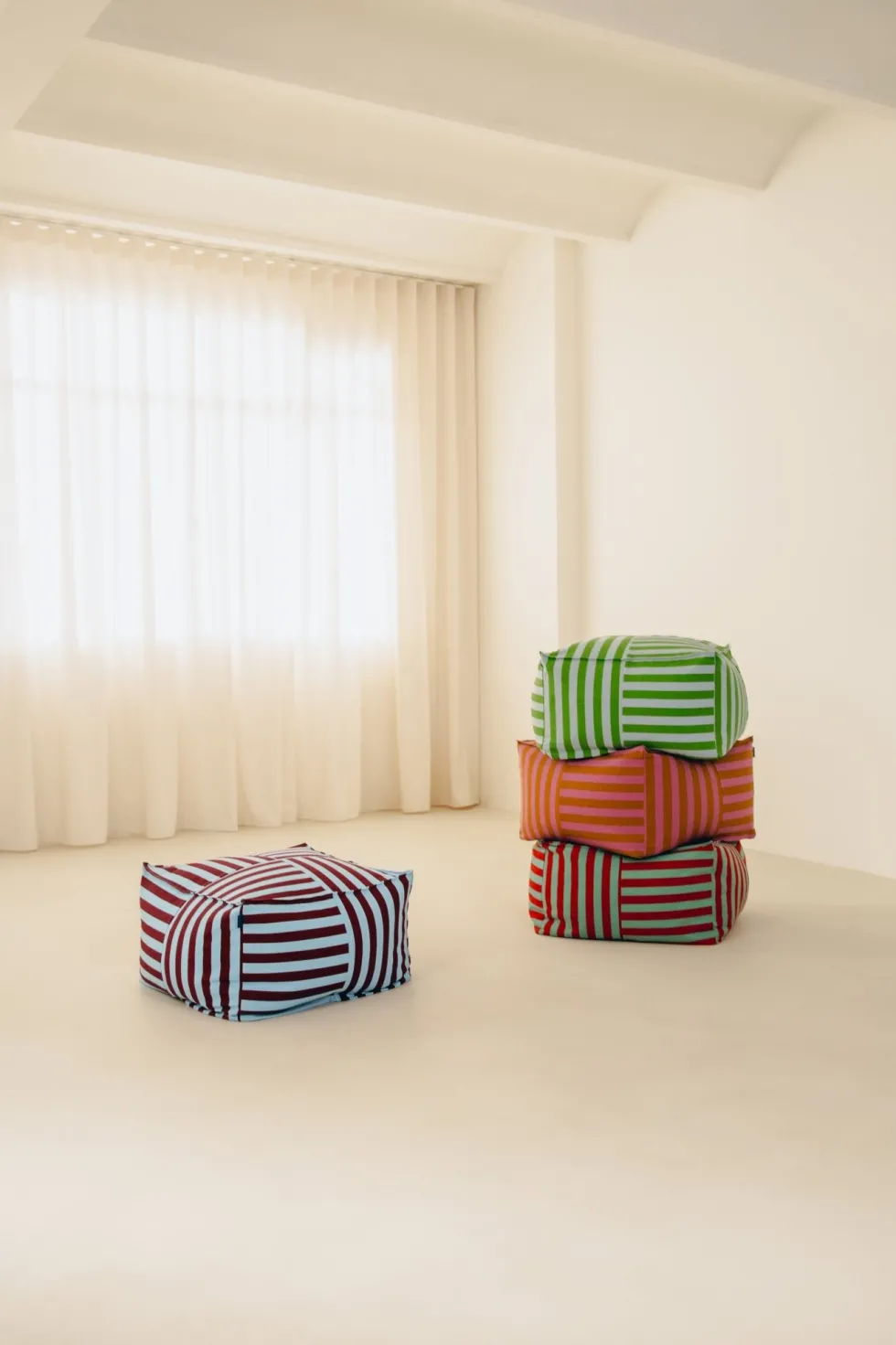 Pouf ottoman carré en coton rayures rose et jaune curry 55 x 55 x 35cm Otto - Nobodinoz