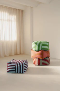 Pouf ottoman carré en coton rayures vert et bleu 55 x 55 x 35cm Otto - Nobodinoz