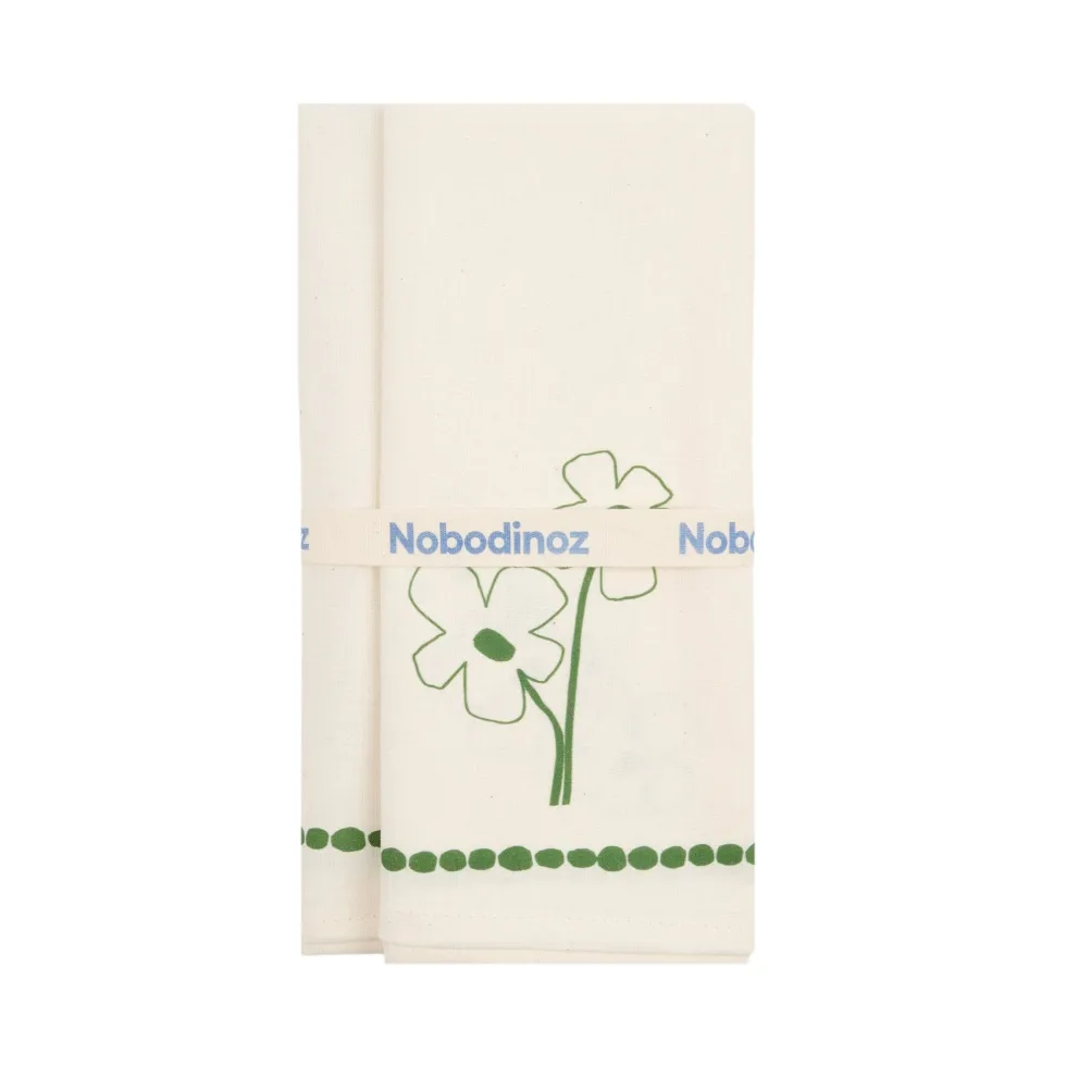 2 serviettes de table en popeline de coton bio à fleurs vert 45 x 45 cm - Nobodinoz