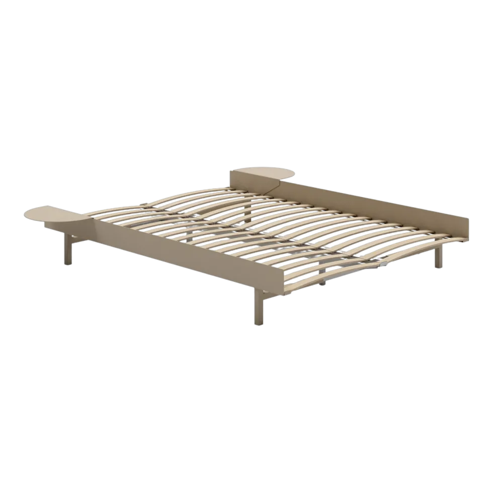 Sommier extensible en acier sable avec lattes 140cm et tables de chevet - Moebe