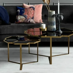 Table basse en acier doré et verre noir 60 cm Flower - Nordal
