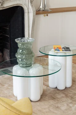 Table basse en céramique blanc crème et plateau verre 67x30cm Charlotte - Cosin Paris