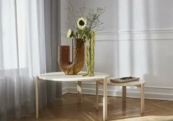 Table basse ronde en acier beige et travertin 45 x 80 cm Tribus - AYTM