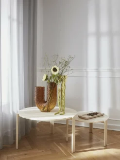 Table basse ronde en acier beige et travertin 45 x 80 cm Tribus - AYTM