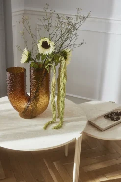 Table basse ronde en acier beige et travertin 45 x 80 cm Tribus - AYTM