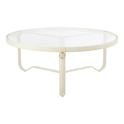Table basse ronde en cuir beige crème et verre 100cm Adnet - Gubi