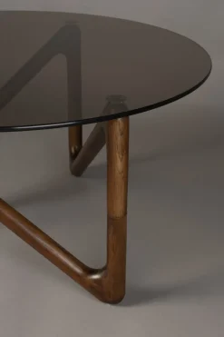 Table basse ronde en verre et bois de chêne finition noyer 80x40cm Naia - Dutchbone