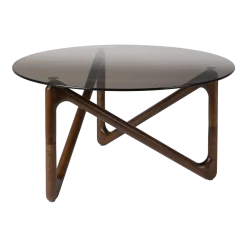 Table basse ronde en verre et bois de chêne finition noyer 80x40cm Naia - Dutchbone