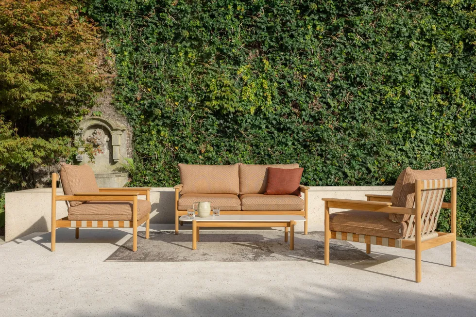 Table de jardin en teck et éclats de céramique portland blanc 129 cm Oda - Vincent Sheppard