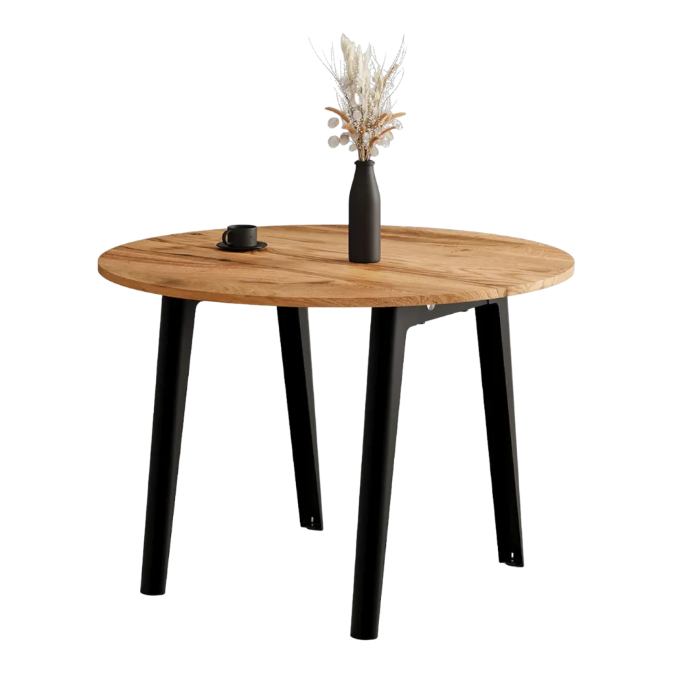Table à manger ronde en bois ancien et piètement en acier noir 110 x 75 cm New modern - TIPTOE