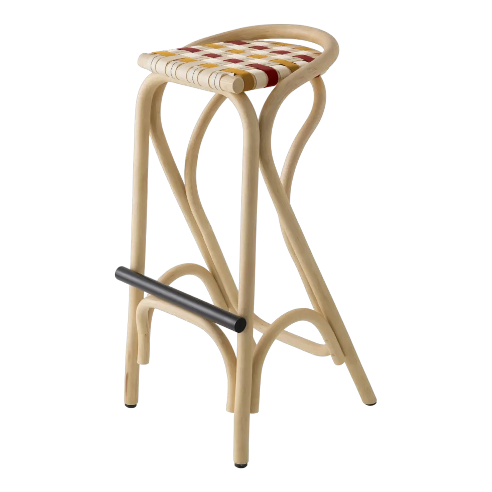 Tabouret de bar en rotin et assise jaune bouton d'or et rouge brique 83x44cm Virage - ORCHID EDITION