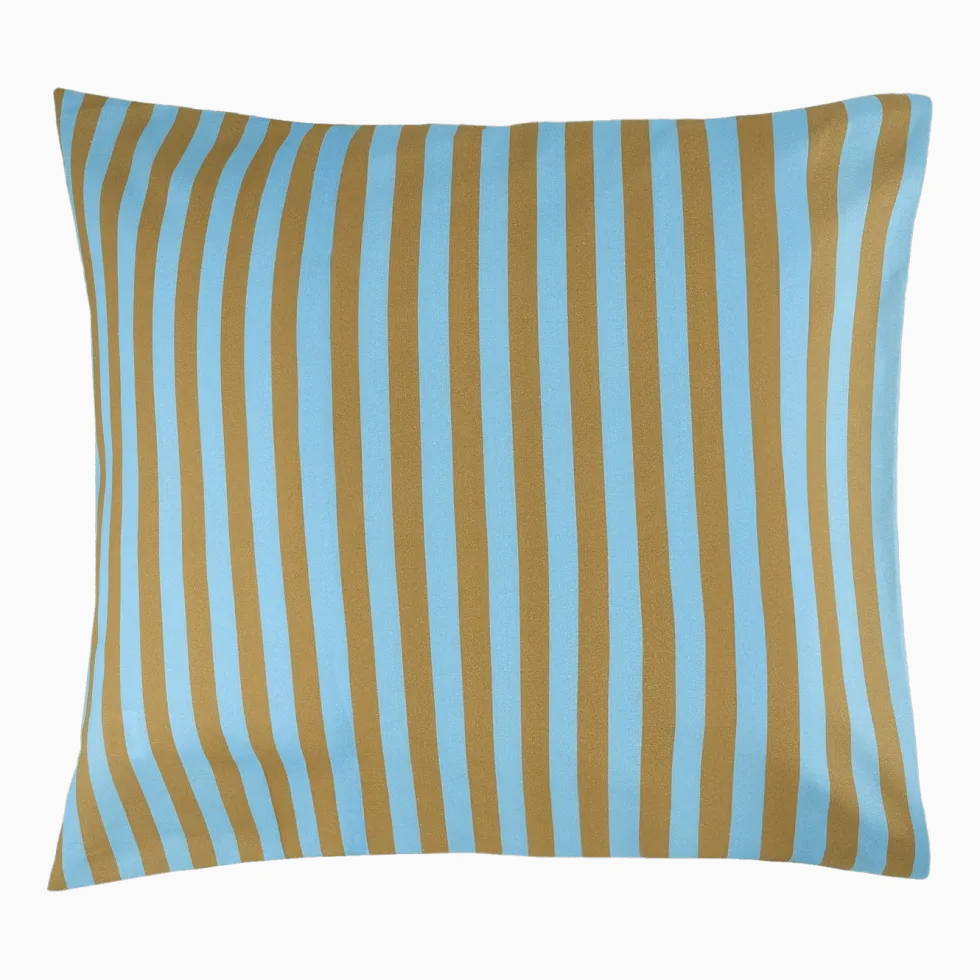 Taie d'oreiller carrée en popeline de coton bio à rayures bleu et jaune curry 60 x 60 cm Sheldon - Nobodinoz