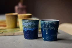 2 Tasses à café en grès bleu foncé Van Gogh 7,5x8cm 230ml Vaisselle 70s - HKLiving