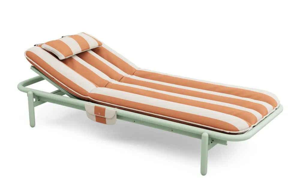 Transat en aluminium vert avec son matelas rayé orange 212x97x39cm Sunbud - Fatboy
