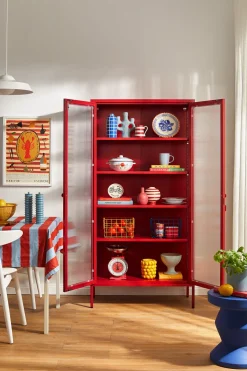 Vaisselier en acier rouge coquelicot et verre cannelé 85x40x170cm The Collector - Mustard Made