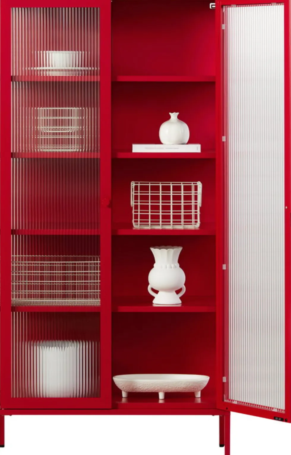 Vaisselier en acier rouge coquelicot et verre cannelé 85x40x170cm The Collector - Mustard Made