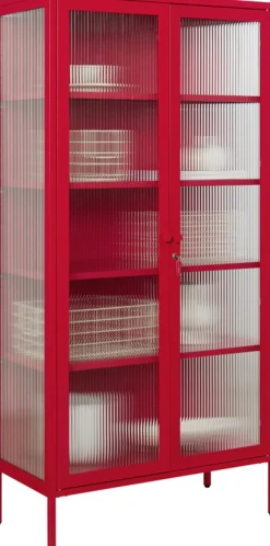 Vaisselier en acier rouge coquelicot et verre cannelé 85x40x170cm The Collector - Mustard Made